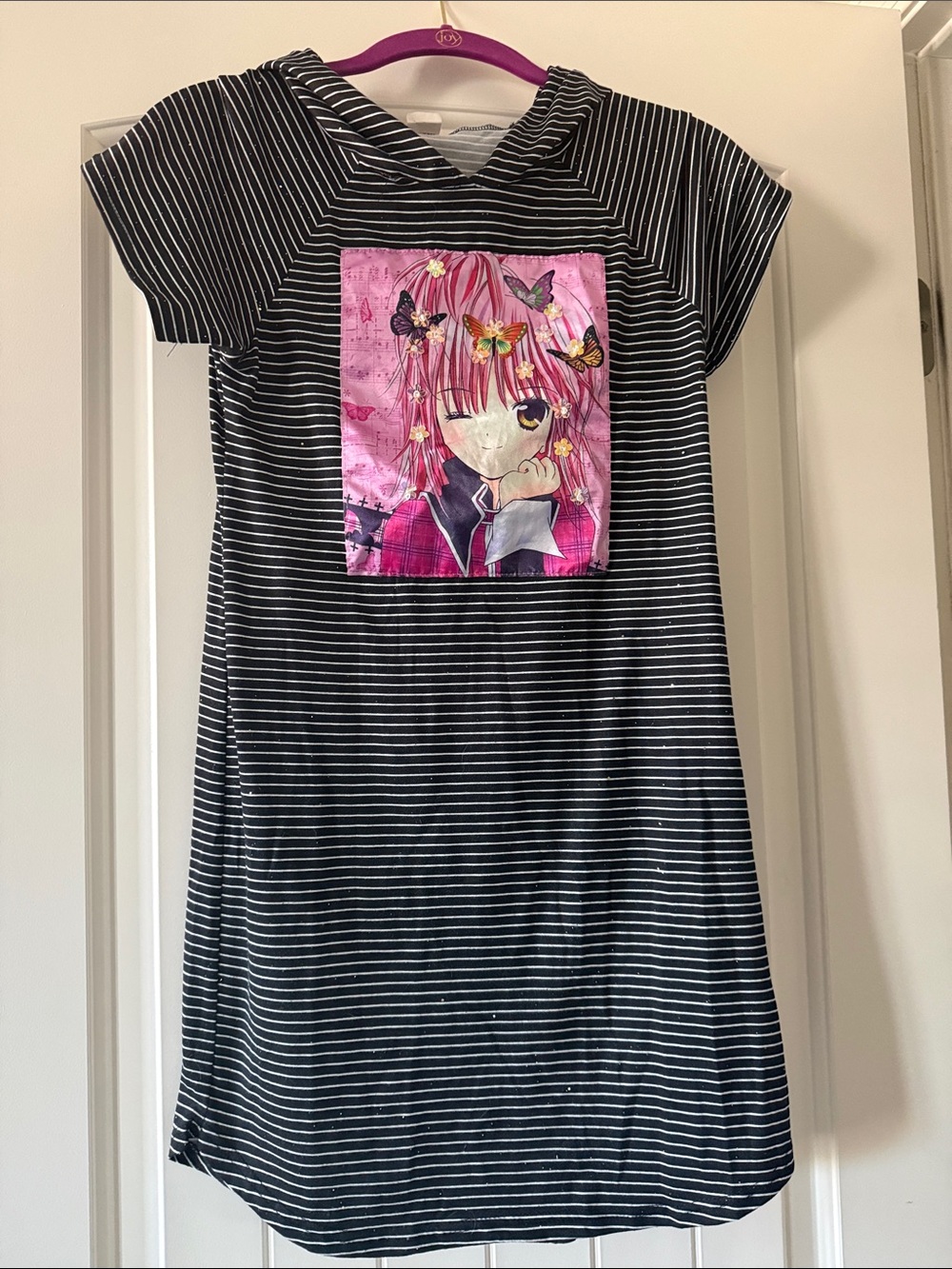 Girls' Black & White Striped Casual Dress with Pink Anime Panel & Hoodie